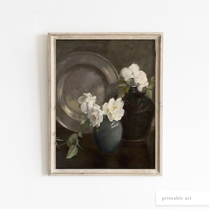 Peony Wall Art Print, Printable Wall Art, Vintage Floral Print, Floral Wall Art, Floral Oil Painting, Peony Printable, White Peony Painting