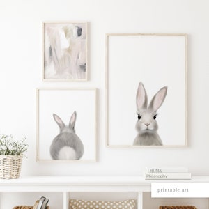 May include: Three framed prints on a white wall. The center print features a gray bunny rabbit with pink ears. The print on the left features a pink and gray abstract painting. The print on the right features a gray bunny rabbit looking at the camera.