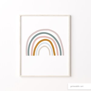 May include: A printable art print featuring a rainbow with pastel pink, light blue, and green colours. The rainbow is in a white frame.