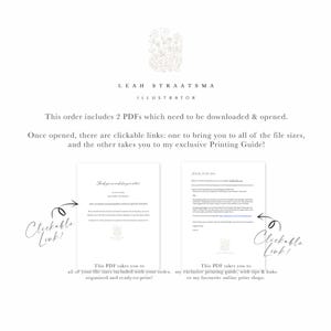 An instructional graphic on a white background with text explaining that the order includes two downloadable PDFs with clickable links for file sizes and a printing guide, accompanied by two preview pages and handwritten annotations pointing to the