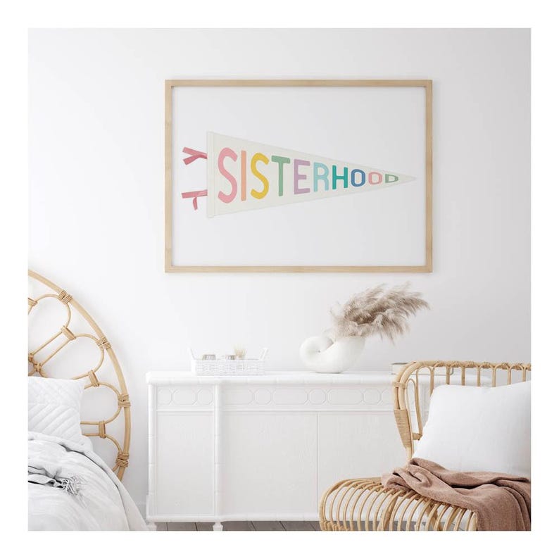 Pastel sisterhood art print, modern feminist decor for a girls' room, nursery, or teen bedroom.