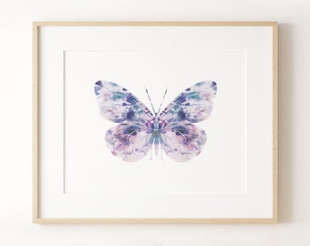 Lavender and Blue Butterfly Wall Art: Minimal Watercolour Illustration