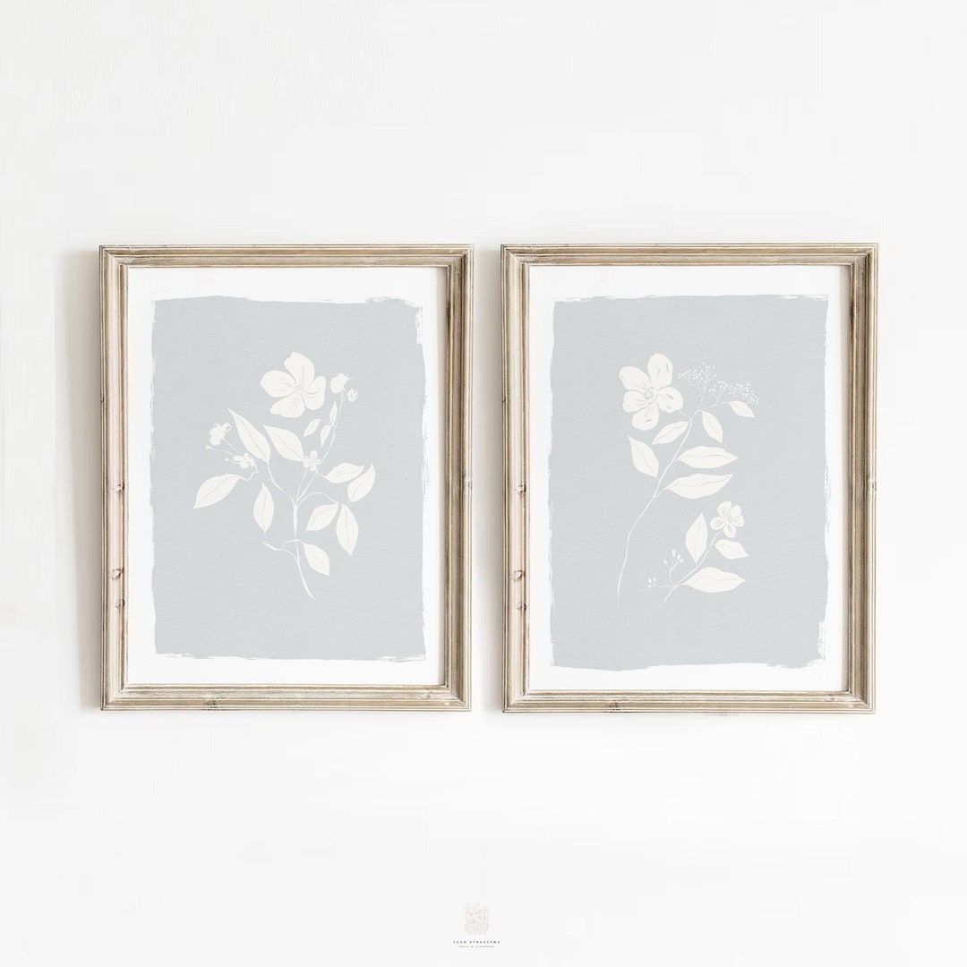 Blue Botanical Print Set - Neutral Floral Wall Art (digital Download ...