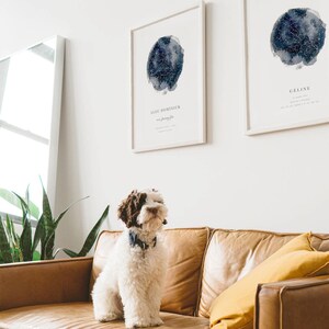 Two personalized celestial wall art with a custom star map, including name and birth details, framed on a wall in a living room.