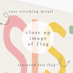 Close-up of Sisterhood pennant flag artwork, featuring vintage-style textured details and soft pastel tones.