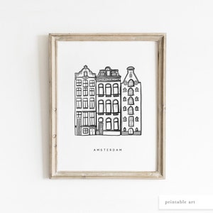 Amsterdam Art Print, Printable Wall Art, City Wall Art, City Illustration, Dutch Houses, Black and White Illustration, Amsterdam Art