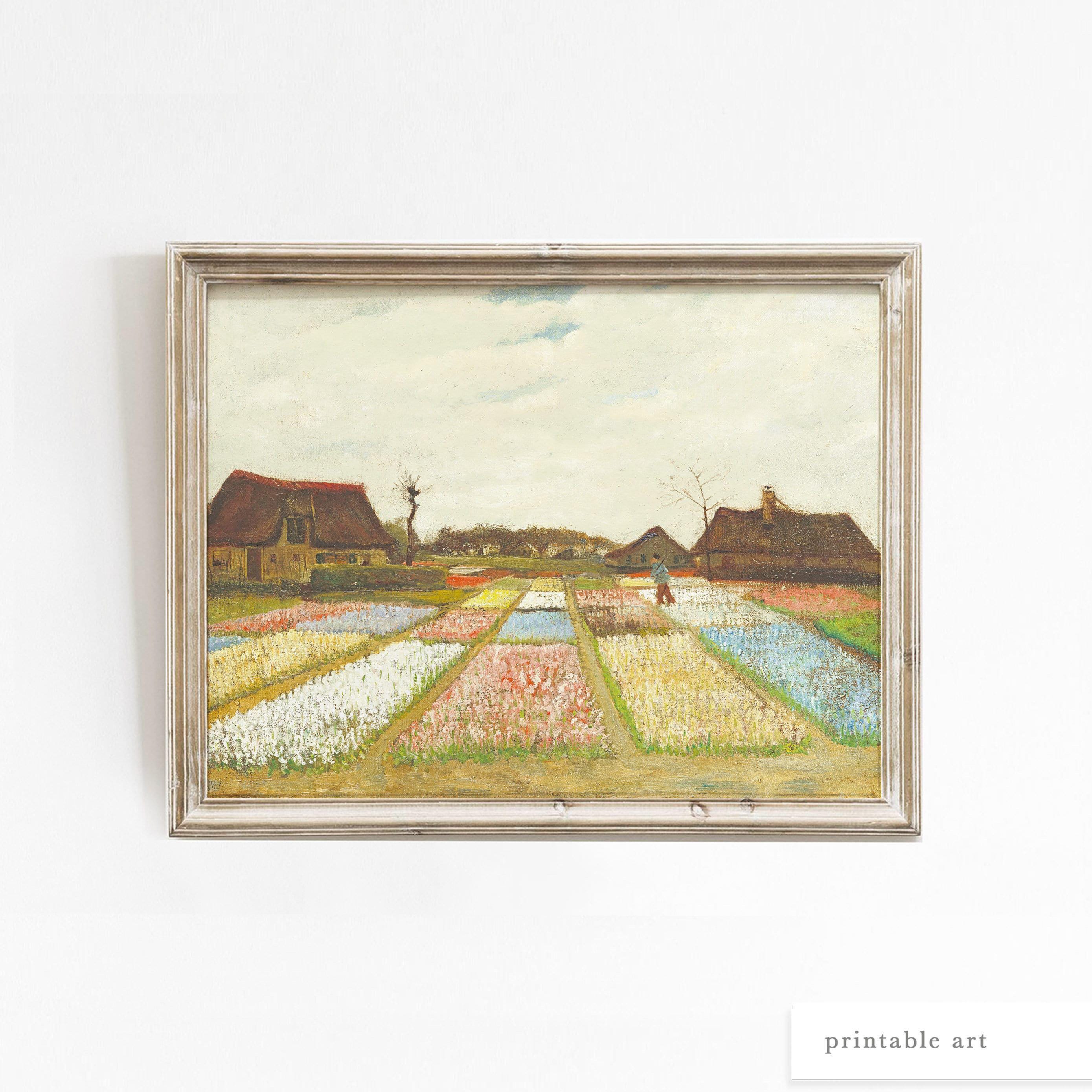 ビンテージチューリップ畑の絵画、オランダの風景画、花の田園風景の