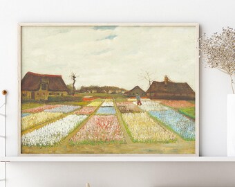 ビンテージチューリップ畑の絵画、オランダの風景画、花の田園風景の