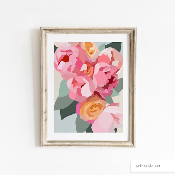 Peony Wall Art, Floral Wall Art, Printable Wall Art, Peony Print, Abstract Floral Art, Pink Floral Print, Digital Painting, Peony Painting