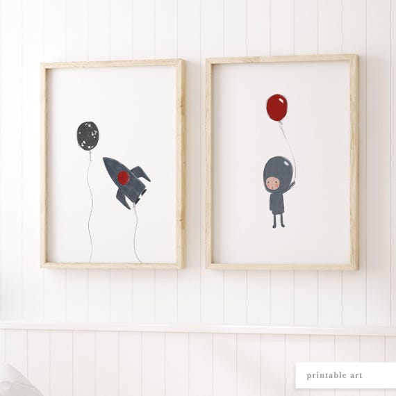 Astronaut and Rocket Print Set: Whimsical Boys Room Decor