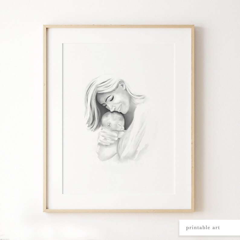 Mutter und Baby Wandkunst, Mutter und Kind Druck, druckbare Wandkunst, Muttertag Wandkunst, Muttertag Illustration, Aquarellmalerei Bild 4