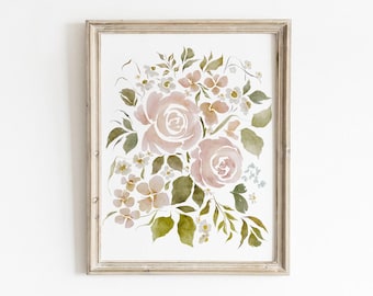 Arte floral botánico, arte de pared imprimible, arte floral en acuarela, decoración floral rosa, arte de pared para dormitorio, arte de pared para guardería, impresión de rosas modernas
