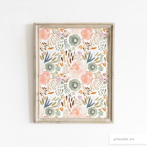 Arte de pared con flores boho, arte de pared con flores boho, arte de pared con rubor, arte de pared con acuarela, arte de pared con flores boho, arte de pared con flores color melocotón