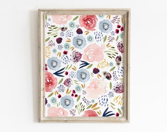 Floral Watercolor Printable, Printable Art, Floral Blooms Print, Floral Wall Art Print, Girls Room Decor, Nursery Decor, Floral Art Print