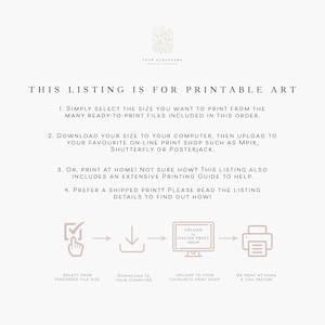 May include: Printable art instructions.  Select your preferred file size, download to your computer, upload to an online print shop, or print at home.  The image includes a checklist, download arrow, online print shop icon, and printer icon.