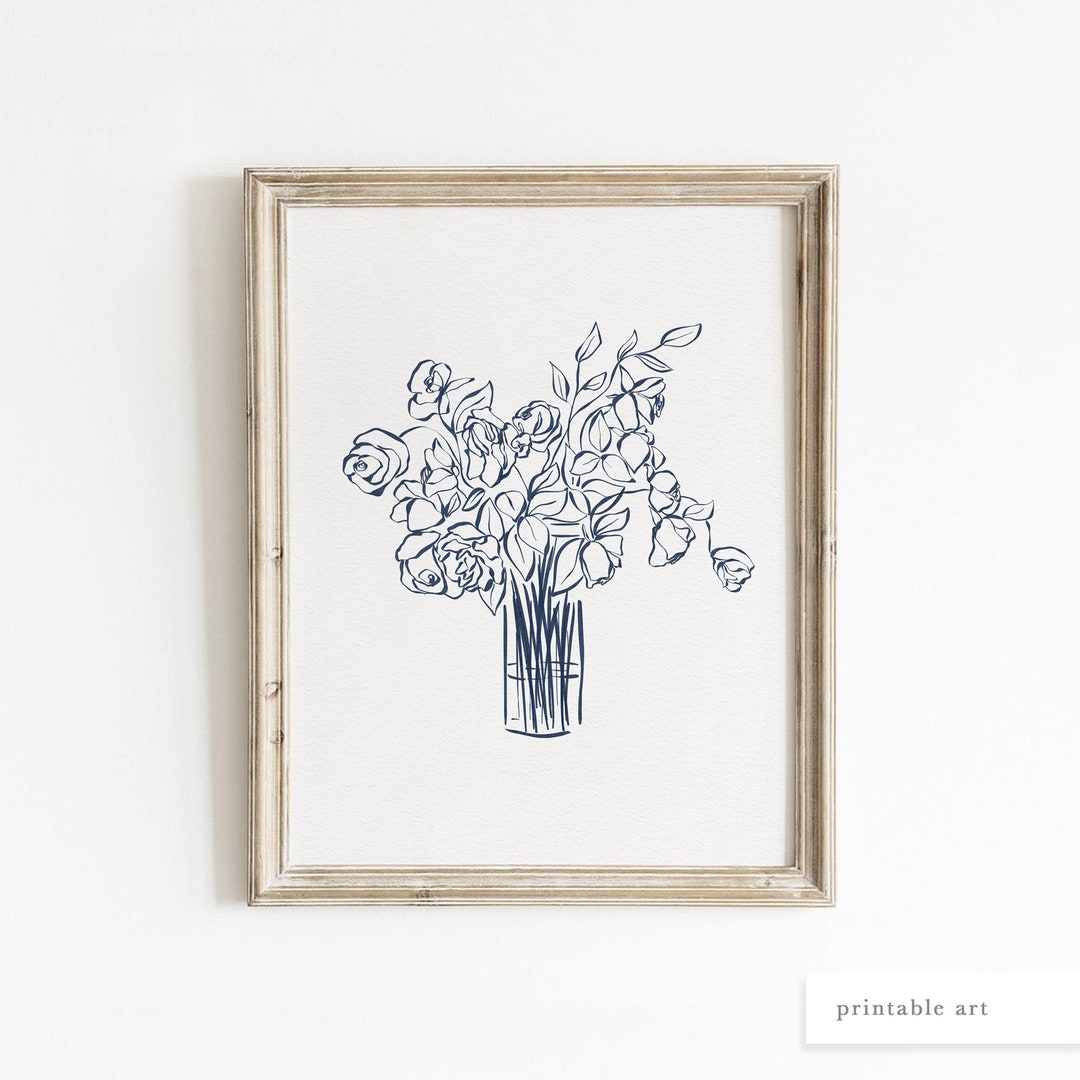 Blue Floral Artwork, Printable Art, Coastal Wall Art, Blue Floral Wall