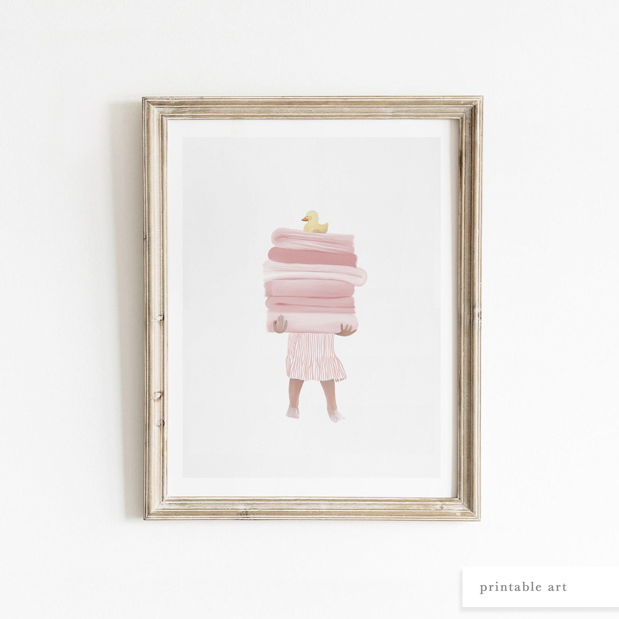 Girl Holding Towels Art, Pink Bathroom Wall Art, Printable Wall Art, Laundry Room Decor, Kids Bathroom Print, Washroom Wall Art for Kids