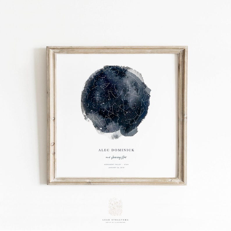 Personalized night sky star chart, framed and customized with name, birth date, and location, ideal for celestial-themed nursery or playroom decor.