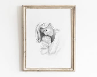Moeder en baby muurkunst, moeder en kind print, afdrukbare muurkunst, Moederdag muur kunst, Moederdag illustratie, aquarel schilderij