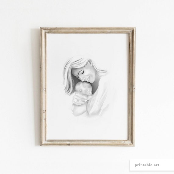 Mother and Baby Wall Art, Mother and Child Print, Printable Wall Art,  Mothers Day Wall Art, Mothers Day Illustration, Watercolor Painting