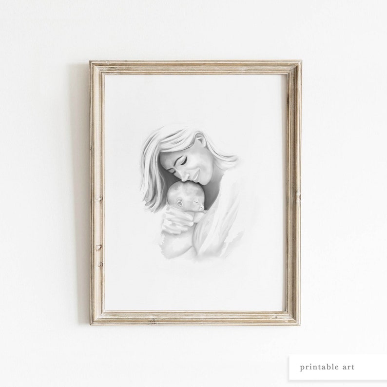 Mutter und Baby Wandkunst, Mutter und Kind Druck, druckbare Wandkunst, Muttertag Wandkunst, Muttertag Illustration, Aquarellmalerei Bild 1