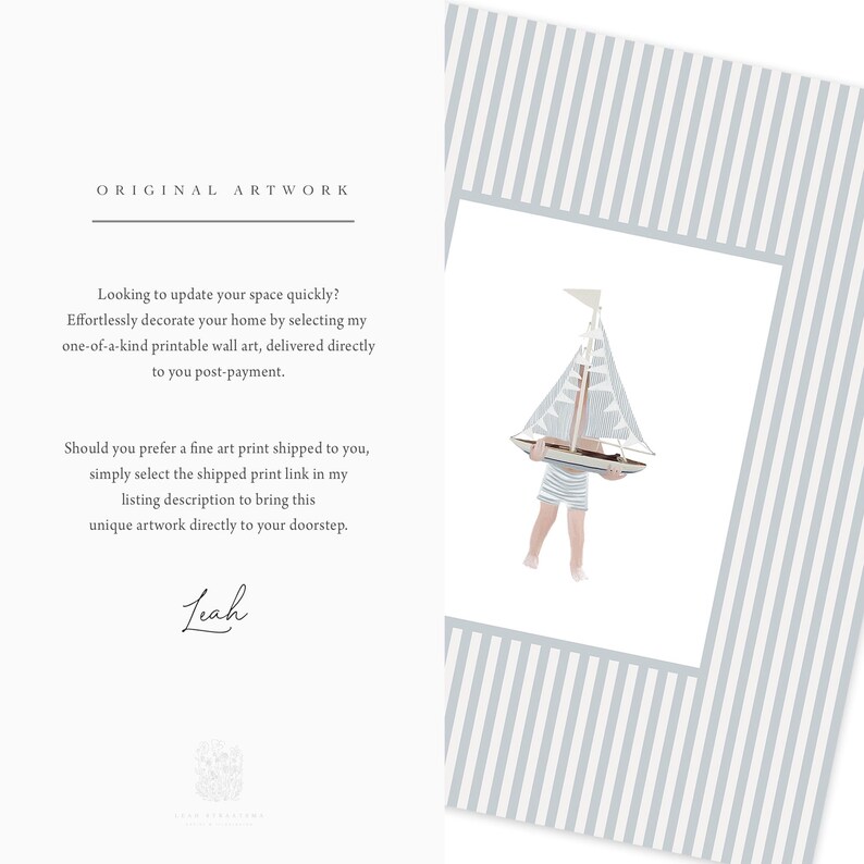 Printable sailboat nursery artwork shown angled on soft striped background with artist note on left, highlighting digital download format.