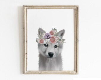 Impresión de arte de lobo, arte de pared imprimible, impresiones de animales bebés, decoración de guardería de animales bebés, impresión de lobo bebé, arte imprimible para guardería, decoración de bosques