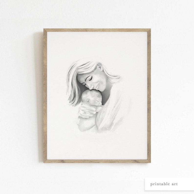 Mutter und Baby Wandkunst, Mutter und Kind Druck, druckbare Wandkunst, Muttertag Wandkunst, Muttertag Illustration, Aquarellmalerei Bild 7
