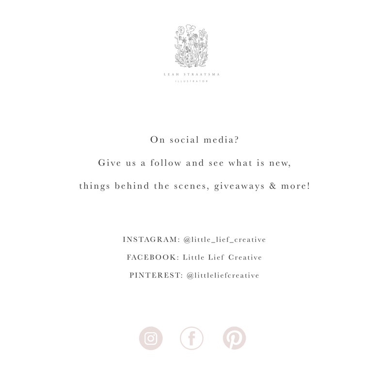 K&ouml;nnte beinhalten: Eine Grafik mit dem Text "In den sozialen Medien? Folge uns und sieh, was es Neues gibt, hinter den Kulissen, Gewinnspiele & mehr!" mit Social-Media-Icons f&uuml;r Instagram, Facebook und Pinterest. Der Text enth&auml;lt auch die Social-Media-Handles f&uuml;r jede Plattform: @little_lief_creative, Little Lief Creative und @littleliefcreative.