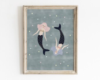 Girls Mermaid Wall Art, Printable Wall Art, Girls Room Decor, Mermaid Wall Art, Nautical Nursery Decor, Whimsical Nursery Art, Mermaid Decor