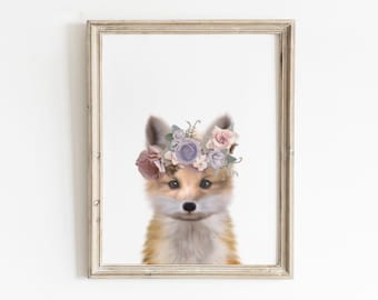 Fox Print, Printable Wall Art, Baby Animal Print, Baby Fox Nursery, Forest Animals, Boho Animals, Nursery Decor, Flower Crown Animals