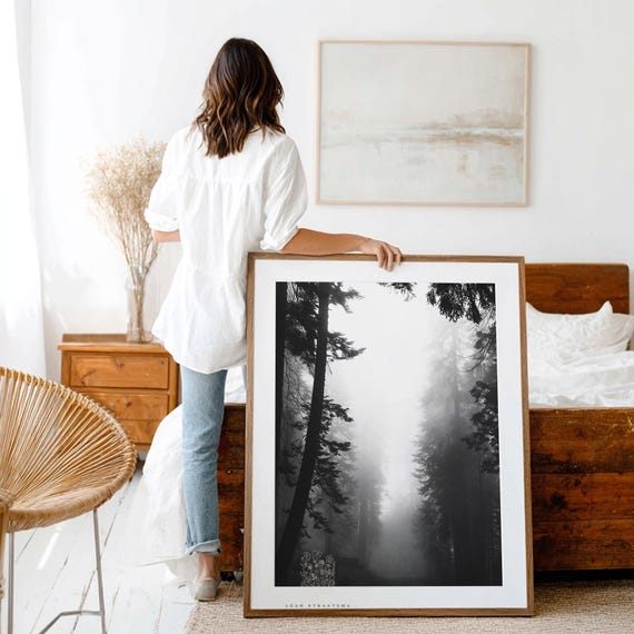 Black and White Forest Wall Art: Foggy Landscape Photography Print