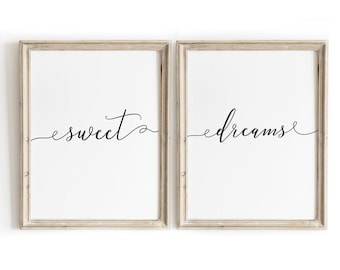 Black and White Sweet Dreams Wall Art - Bedroom Typography Print Set