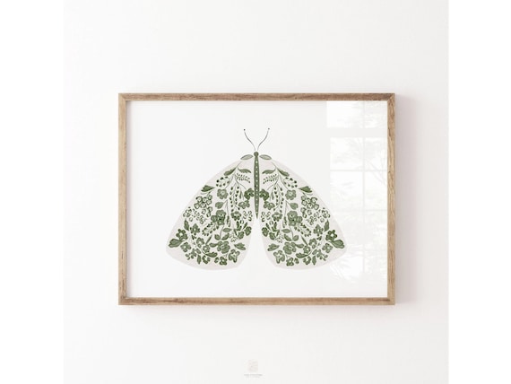 Green Floral Moth Wall Art: Modern Folk Art Illustration