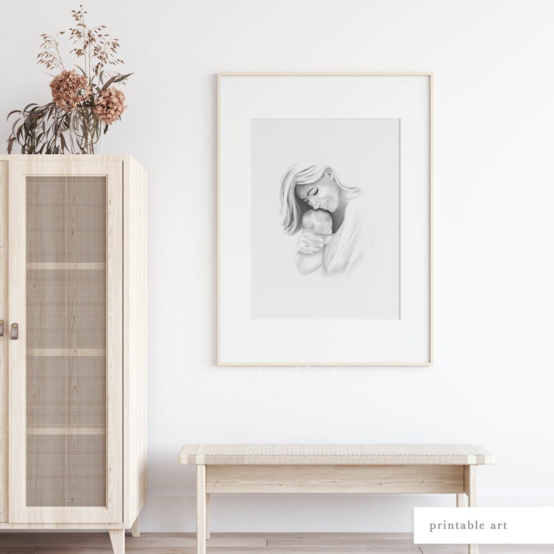 Mutter und Baby Wandkunst, Mutter und Kind Druck, druckbare Wandkunst, Muttertag Wandkunst, Muttertag Illustration, Aquarellmalerei Bild 5