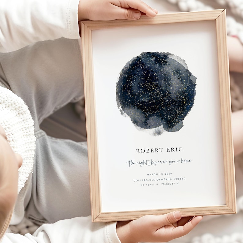 Close-up of custom star map with constellations and personalized details, including name, date, and location, perfect for nursery wall art.