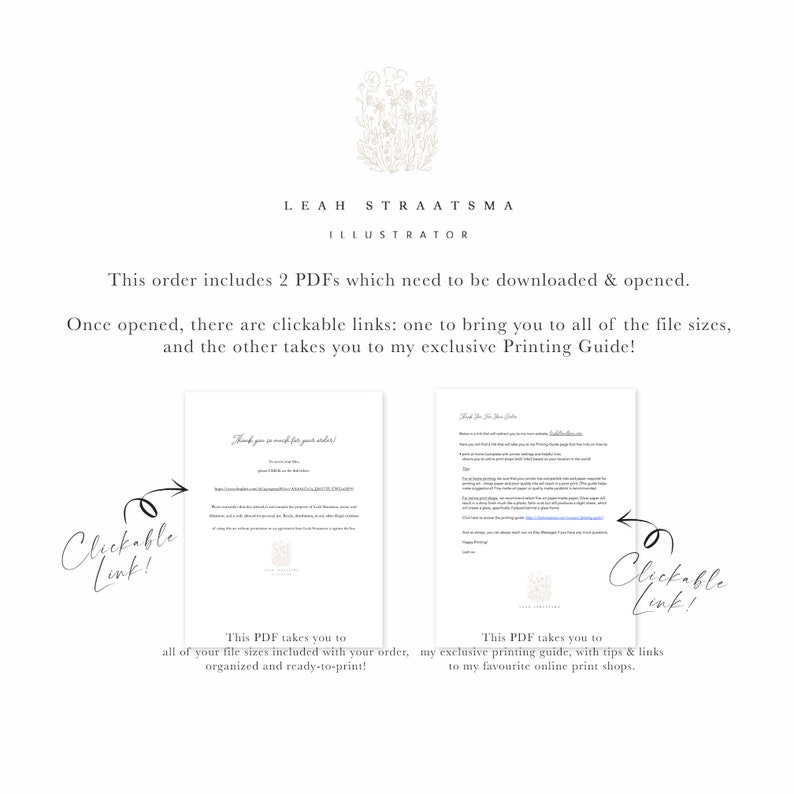 May include: Two PDFs with clickable links. One PDF includes all file sizes for a digital download, and the other PDF is a printing guide with tips and links to online print shops.