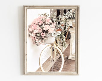 Bicycle Print Wall Art, Pink Floral Print, Printable Wall Art, Pink Photography, City Photography Print, Floral Wall Art, Bicycle Art Print