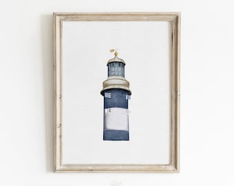 May include: A watercolor painting of a lighthouse with a white and blue striped exterior and a gold weathervane on top. The lighthouse is set against a white background.