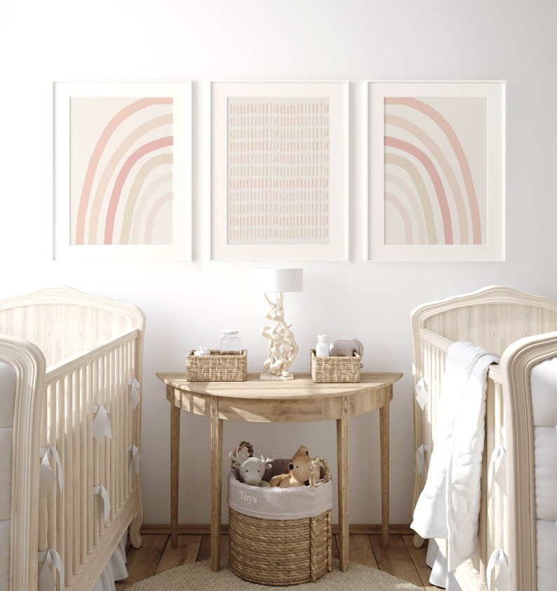 Framed pastel rainbow and pattern art set, ideal for creating a minimalist and modern vibe in a nursery or kids room.