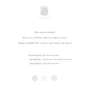 Puede incluir: Texto sobre un fondo blanco que dice "&iquest;En las redes sociales? &iexcl;S&iacute;ganos y vea qu&eacute; hay de nuevo, cosas detr&aacute;s de escena, regalos y m&aacute;s!" con iconos de redes sociales y enlaces a Instagram, Facebook y Pinterest.