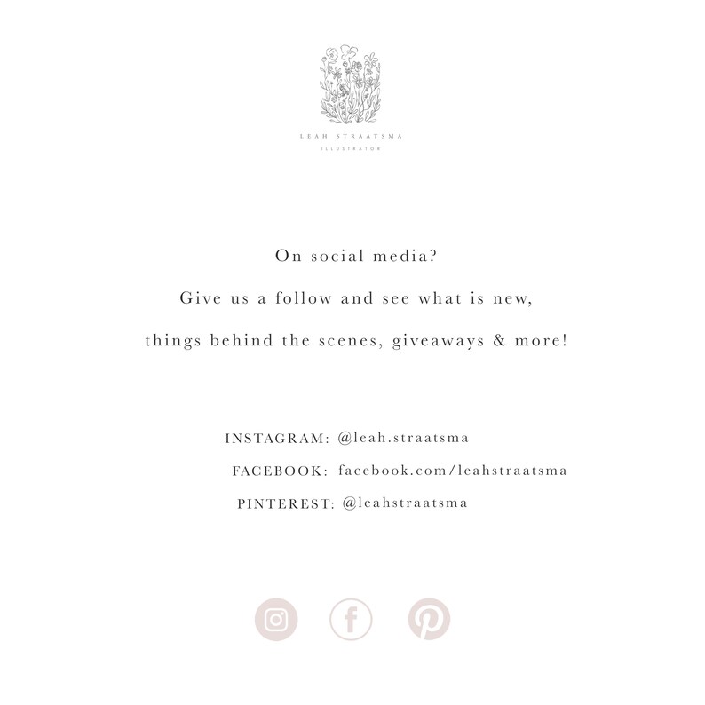 Puede incluir: Texto sobre un fondo blanco que dice "&iquest;En las redes sociales? &iexcl;S&iacute;ganos y vea qu&eacute; hay de nuevo, cosas detr&aacute;s de escena, regalos y m&aacute;s!" con iconos de redes sociales y enlaces a Instagram, Facebook y Pinterest.