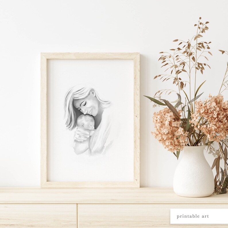 Mutter und Baby Wandkunst, Mutter und Kind Druck, druckbare Wandkunst, Muttertag Wandkunst, Muttertag Illustration, Aquarellmalerei Bild 6