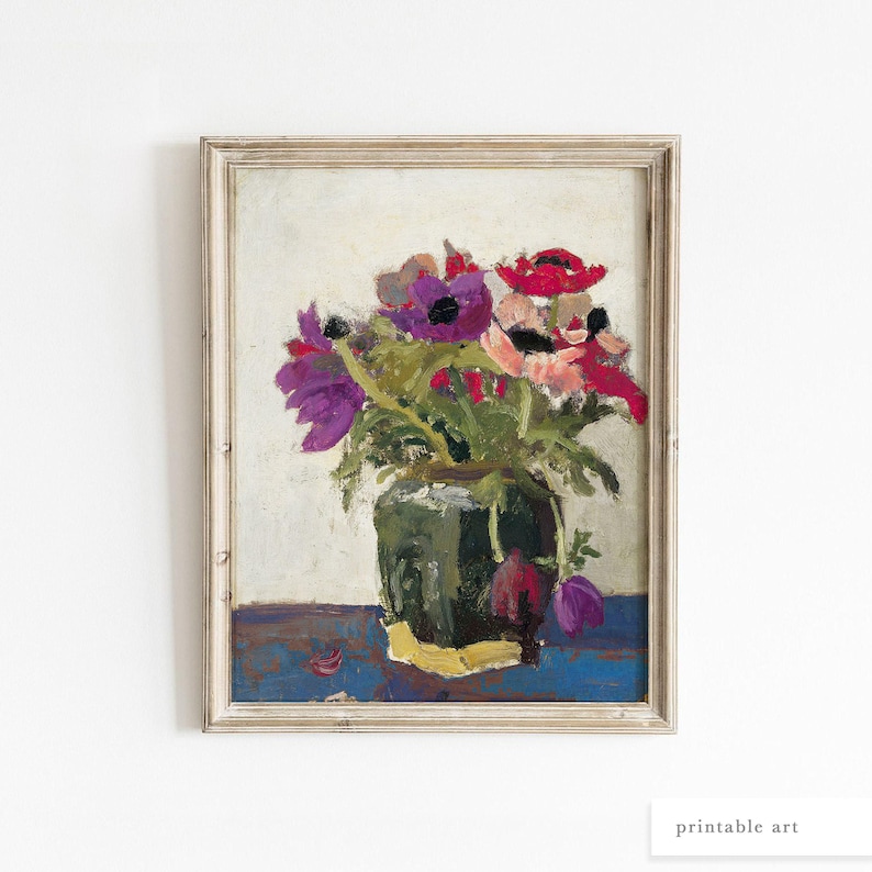 Vintage floral painting printable, featuring a bold bouquet of flowers in rich, moody tones for timeless wall decor.