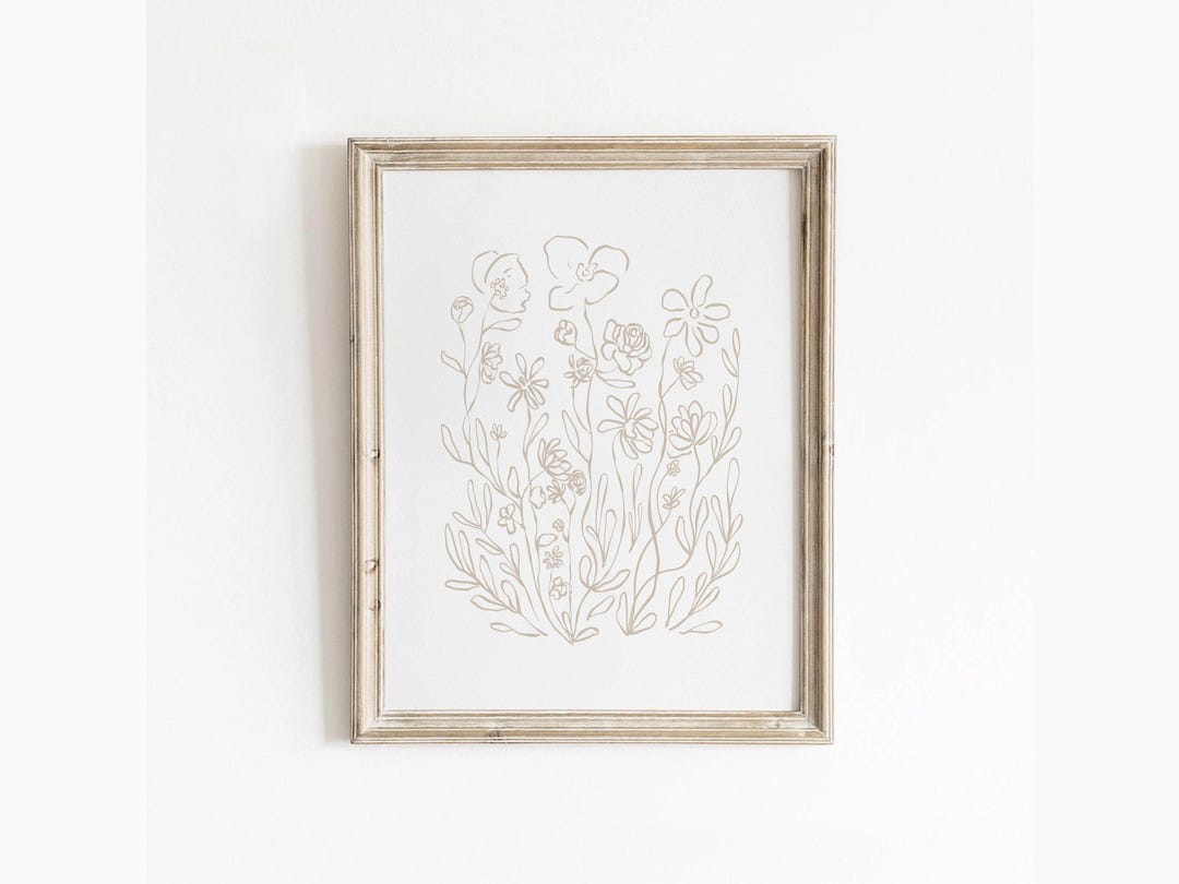 Beige Botanical Line Art Print - Minimalist Floral Illustration ...