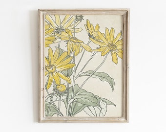 Floral Illustration Print, Printable Wall Art, Vintage Floral Print, Yellow Flower Painting, Floral Watercolour Art, Watercolor Art Print