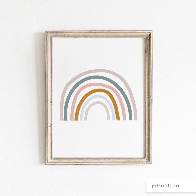 May include: A framed print of a rainbow with pastel pink, light blue, and green colours. The rainbow is drawn in a simple, modern style.