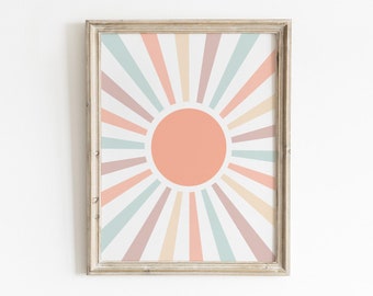 Impresión de sol boho, impresión de sol pastel, arte de sol imprimible, decoración de pared con rayos de sol, guardería bohemia, arte de pared neutro, arte de pared de guardería, arte de pared de arcoíris