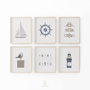 Kids Nautical Gallery Wall Art: Set of 6 Coastal Prints