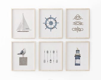 Kids Nautical Gallery Wall Art: Set of 6 Coastal Prints
